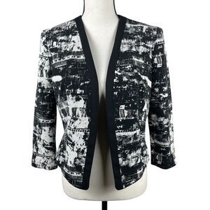 Nine West Womens Open Front Blazer Jacket Size 4 Black White Abstract 3/4 Sleeve